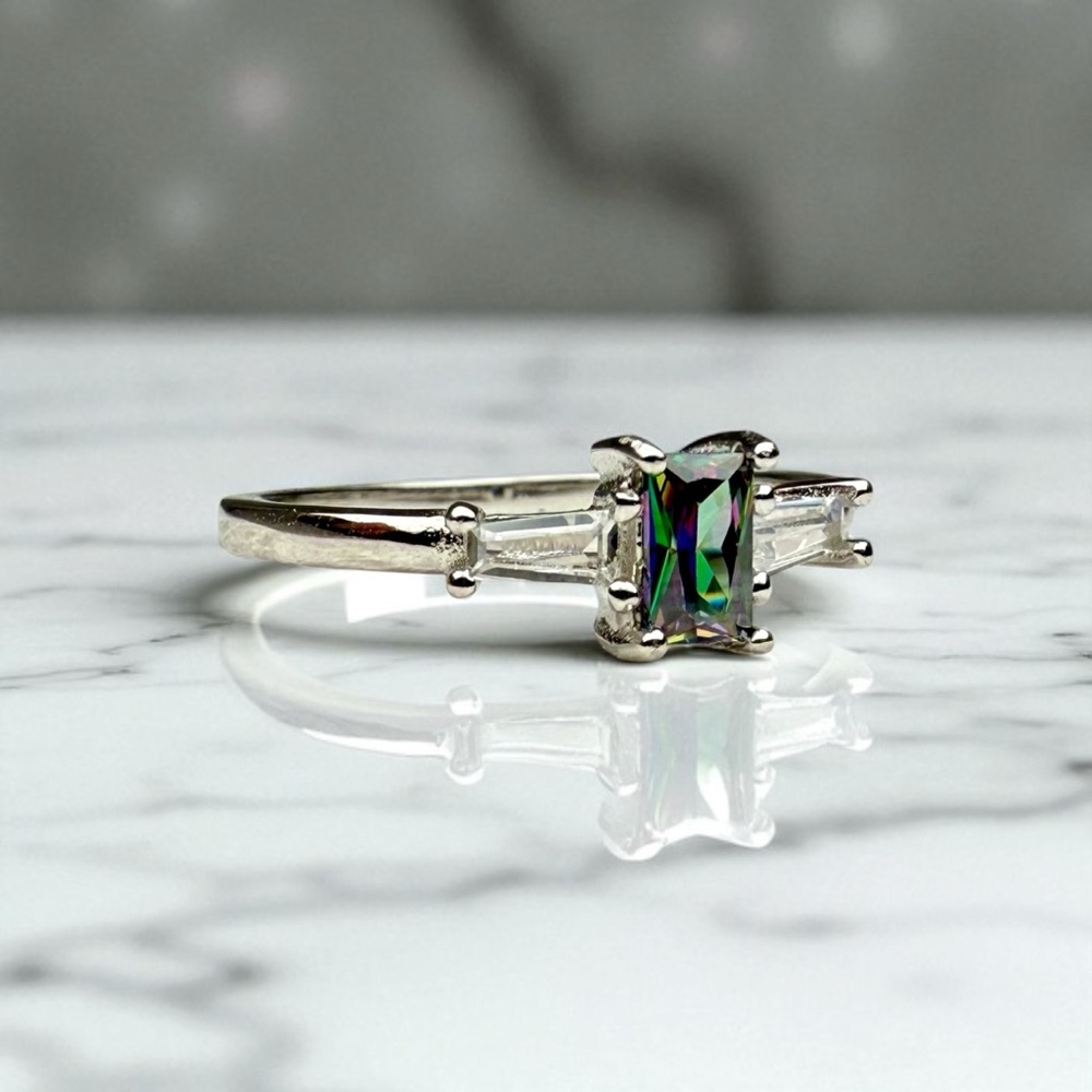 New Sterling Silver & Rainbow CZ Baguette Ring